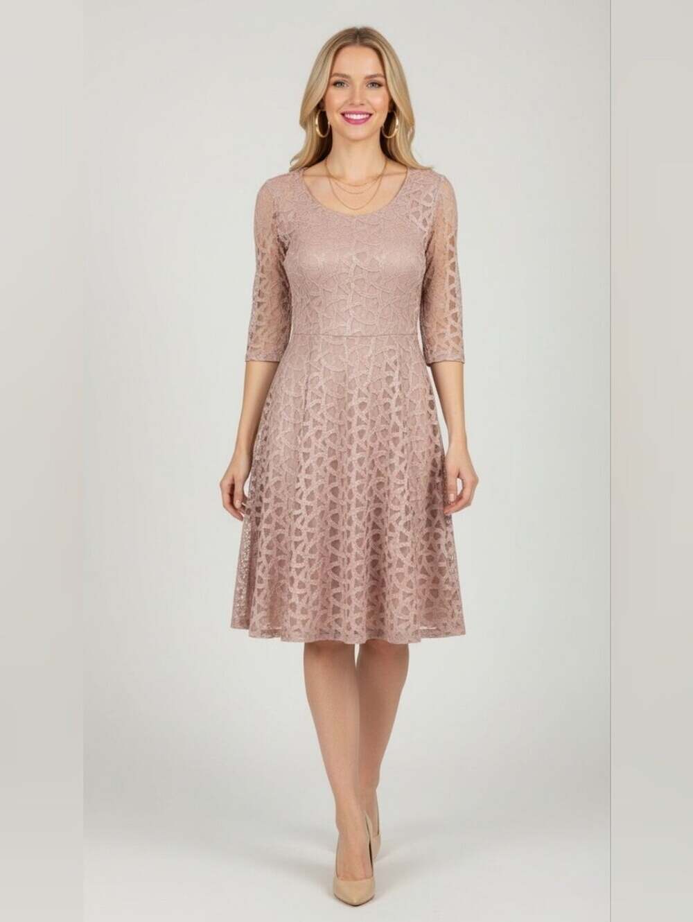 Lace Dress‎ Sz 4 Pink Champagne Fairy Fit Flare Semi Formal 3/4 Sleeve Feminine